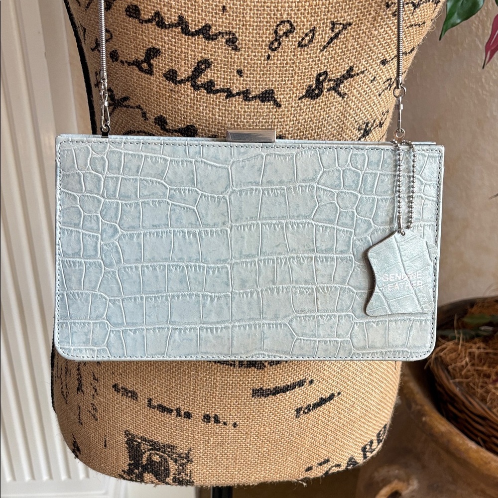 Croc-Embossed Light Blue Leather Clutch